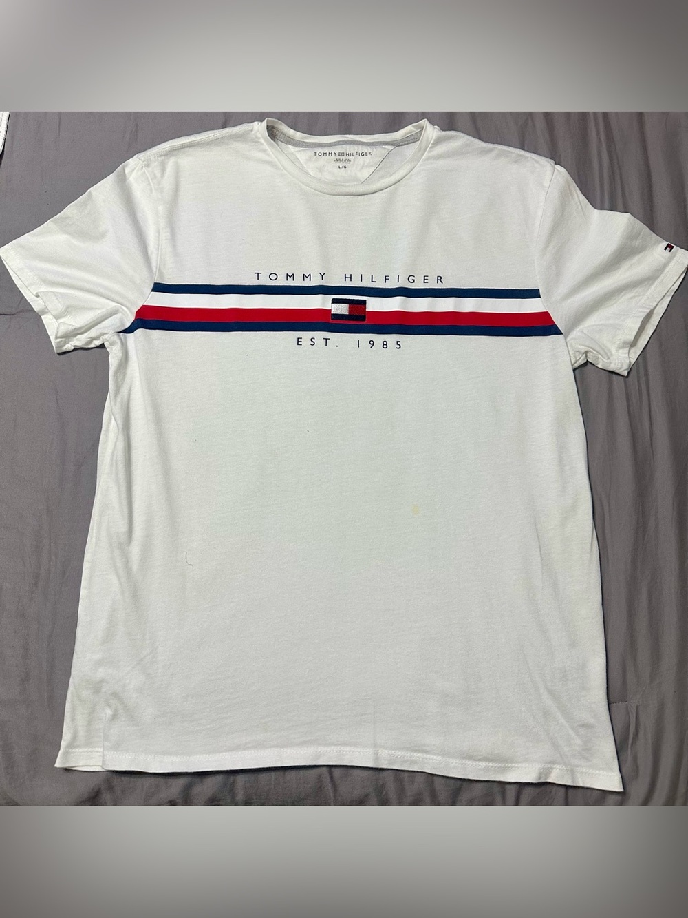 Tommy Hilfiger Men’s White T-Shirt with Navy & Red Stripe